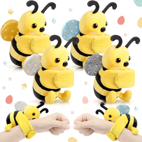 4 Pcs Bee Stuffed Animal Slap Bracelets Operation Christmas Plush Honeybee Slap Bracelets Toy for Kids Boys Girls Christmas Birthday Gifts Rewards Party Favors Decor