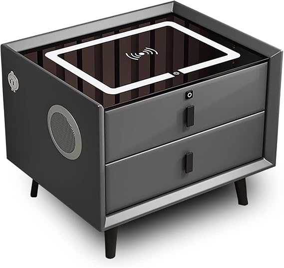 Nightstand with Charging Station,with Fingerprint Lock Smart Nightstand,Three-Drawer Bedroom Side Table with Speakers and Smart Sensor LED Lights,Modern Nightstand,Gray,2 Drawers