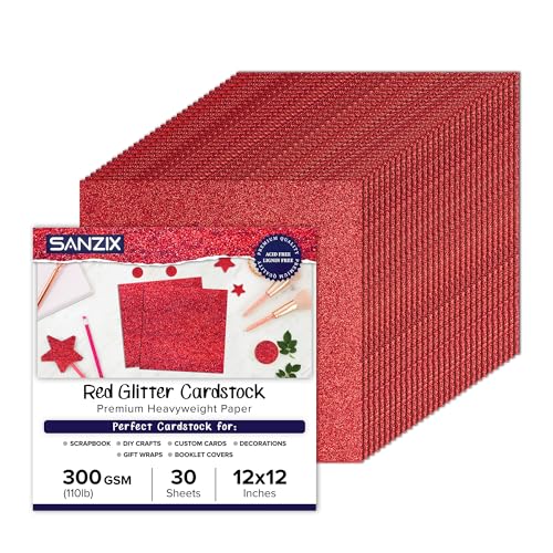 SANZIX Red Glitter Cardstock Paper 12x12-30 Sheets, 110lb 300 GSM for Cricut, Christmas Cards, Scrapbook, DIY Crafts, Decor Gift Wraps & Custom Cards | Premium Sparkle Paper for Valentines Day