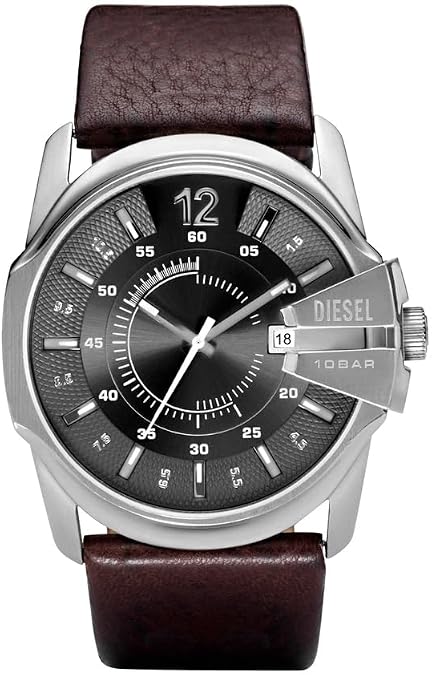 Diesel Master Chief Watch for Men, Stainless Steel and Leather Three-Hand Analog Men's Watch, Color: Silver, Brown