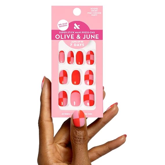Olive & June Super Stick Press-On Nails, Pink Checker Party