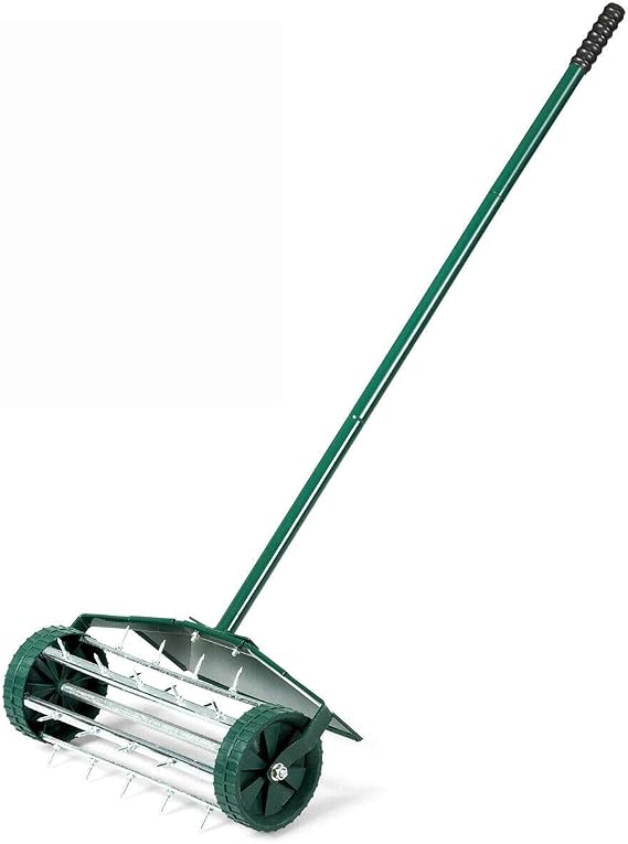 Goplus Rolling Lawn Aerator, 18-Inch Garden Yard Rotary Push Tine Heavy Duty Spike Soil Aeration, Manual Lawn Aeration Tool w/ 41-Inch Handle (Green w/Fender)