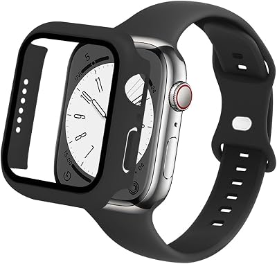 Slim Watch Band and Case Compatible with Apple Watch Bands 38mm 40mm 41mm 42mm 44mm 45mm, Soft Silicone Sport Strap with Screen Protector Combo Set iWatch Series 9 8 SE 7 6 5 4 3 2 1 for Women Men