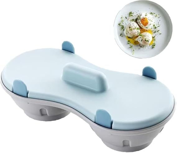 Egg Poacher Microwave Egg Cooker, 2 Cavity Edible Silicone Double Drain Poached Egg Cups, Microwave Egg Poacher Kitchen Cooking Gadgets(Light Blue) (Blue)