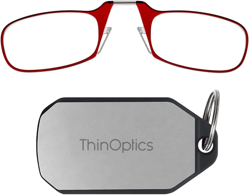 ThinOptics Keychain Case + Rectangular Reading Glasses, Red, 44 mm + 2