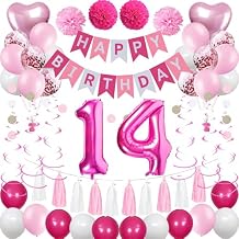Sweet 14th Birthday Decorations for Girls, Pink and White 14 Happy Birthday Balloons, Banner, Foil Balloons, Hanging Swirls, Circle Dots Garland, Tissue Paper Tassel, Pompoms