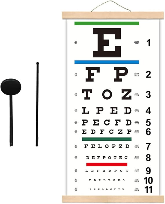 Snellen Eye Chart, Eye Charts for Eye Exams 20 Feet with Wooden Frame 11x22 Inches, Canvas Low Vision Eye Test Wall Chart with Eye Occluder Hand Pointer for Kids Gifts (20 Feet Test Distance)