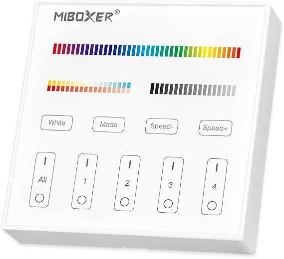 MiBOXER B4-W 4-Zone RGB+CCT Touch Panel Remote, Wireless 2.4GHz Full-Color & Tunable White LED Wall Remote, 16M Colors, Battery Operated