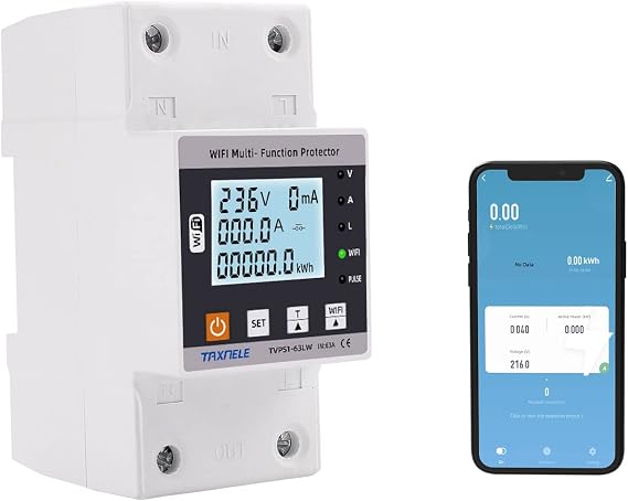 63A TUYA WiFi Smart Energy Meter Earth Leakage Over Under Voltage Protector Relay 140V-300V 63A Circuit Breaker Timer Energy Power kWh Meter Smart Life, Voice Control with Alexa Google Home