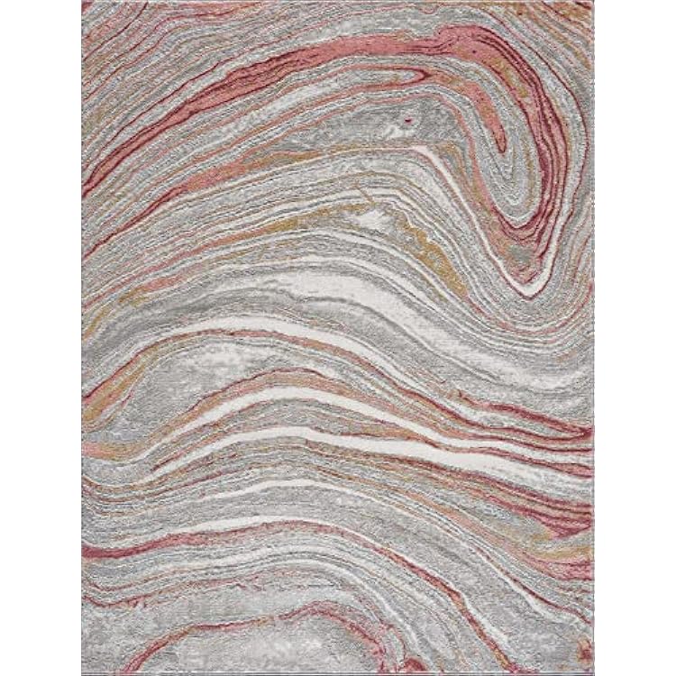 BoutiqueRugs Liverpool Modern Abstract Large Area Rug - Contemporary Marble Print Carpet for Living Room - Gray, Pink - 710 x 10 8x10