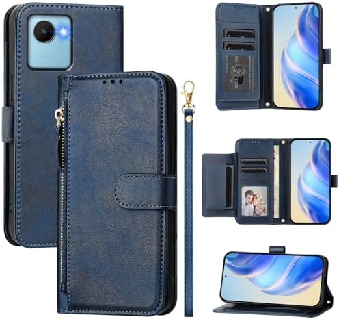 Compatible with Realme C30s 4G  C30 4G case,Compatible with Realme Narzo 50i Prime 4G Magnetic Closure Flip Stand Card Slot Wallet Zipper Lanyard Phone Case Cover PT12 Blue