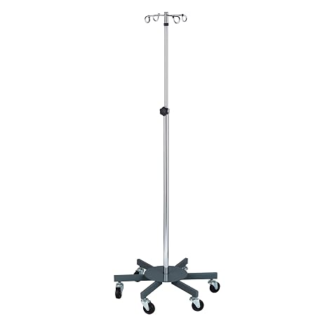 MediChoice Rolling IV Pole Rolling 4 Hook, 6-Leg Base, 45 lb Load, Adjustable 52-90 Inches, Chrome Plated Steel, 360 Casters, 1 Each