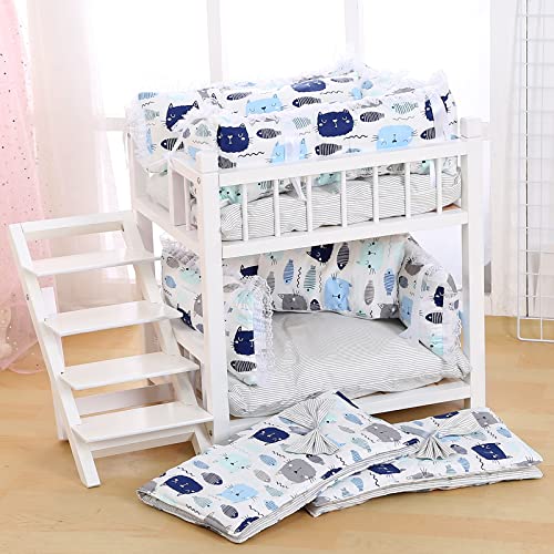 Dog Bunk Wooden Bed for Small Dogs Pet Cat Wood Beds with Stairs Cats Double Buddy Raised Window Perch Frame Steps Indoor House Removable