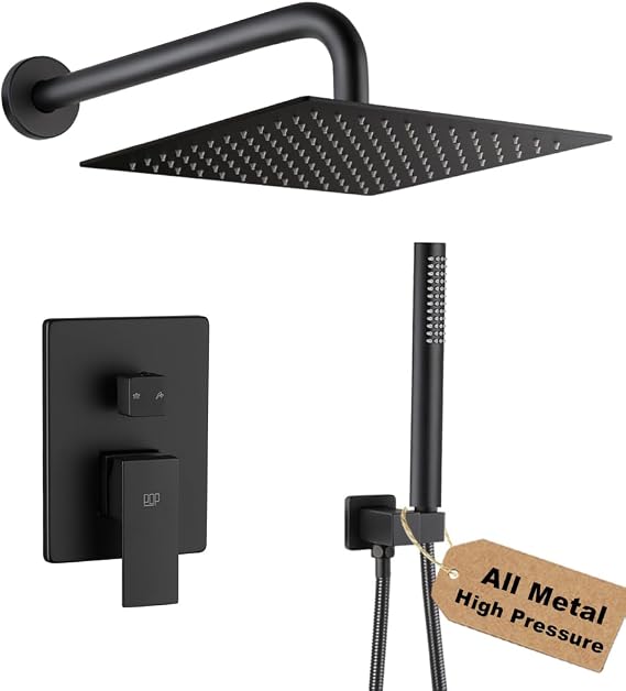Matte Black Shower Faucet Set Rainfall 12" Shower Head and Handle Set Bathroom Rain Shower System Wall Mounted Shower Faucet Including Shower Valve and Trim Kit