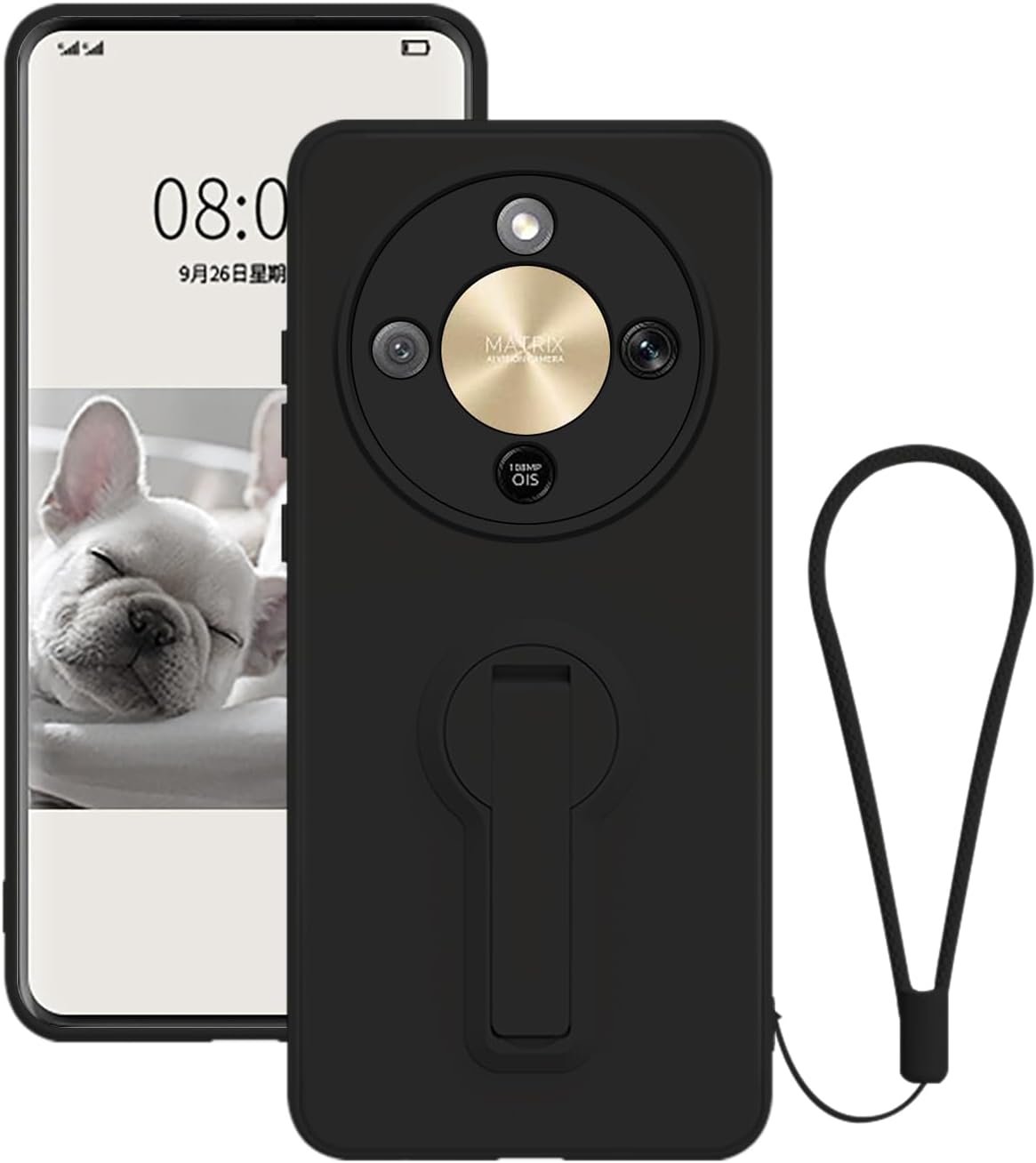 スタンド付きHonor Magic 8 Liteケース、フルカメラレンズ保護スリムケース、Honor Magic 8 Lite用シリコンフォンケース、リストストラップストラップ付きブラック