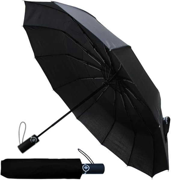 Rare 12 Rib Compact Small Umbrella - 50MPH Strong Windproof Umbrella Folding Foldable Frame - Vented Canopy - Best for Auto Open and Close - Black - Men Women