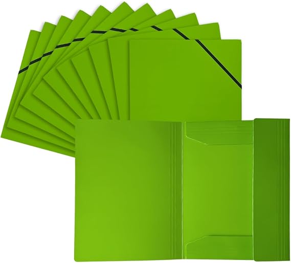 Pack of 12 Janrax A4 Green Laminated Card 3 Flap Folders with Elastic Closure