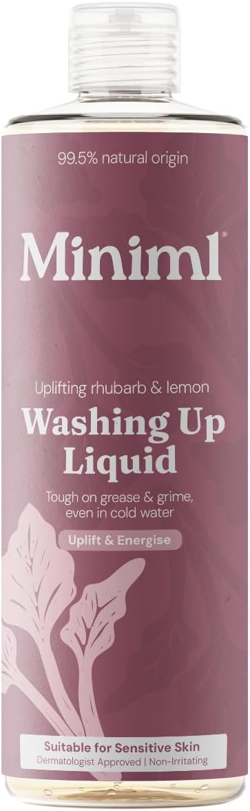 Miniml Washing Up Liquid Rhubarb & Lemon 400ml – Plant Based Vegan Dish Soap, Biodegradable, Non-Toxic, Tough on Grease, Gentle on Hands