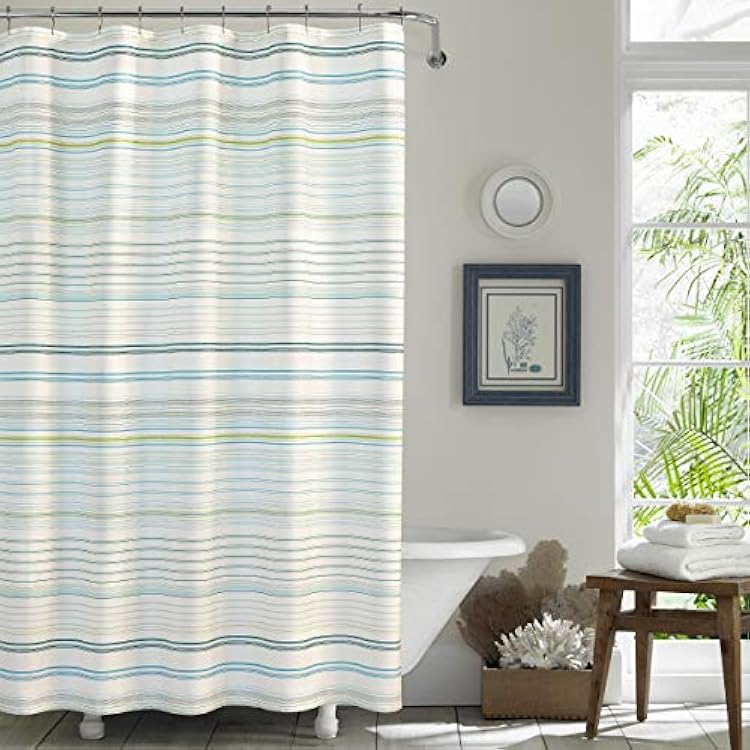 Tommy Bahama - Fabric Shower Curtain, 100% Cotton Striped Design with Reinforced Hook Holes Top, Coastal Bathroom Decor La Scala Breeze Green, 72 x 72