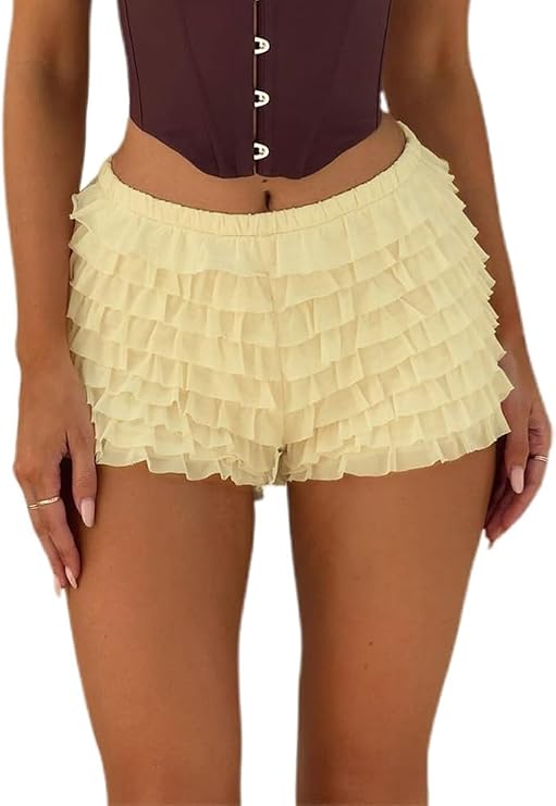 Foidiccx Women Lace Bloomer Shorts Y2K Sexy Low Rise Ruffle Lolita Pettipants Layered Pumpkin Pants Ruched Mini Booty Shorts