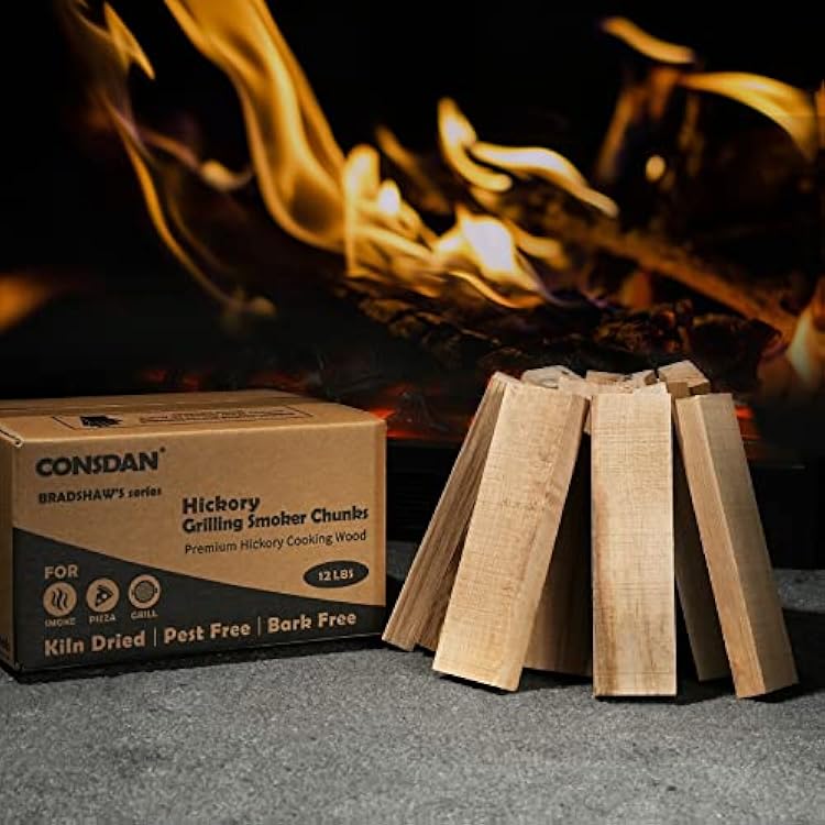 CONSDAN Hickory Wood Chips for Smoker & BBQ - USA Grown, Kiln Dried, Natural Wood Chunks 12 LBS