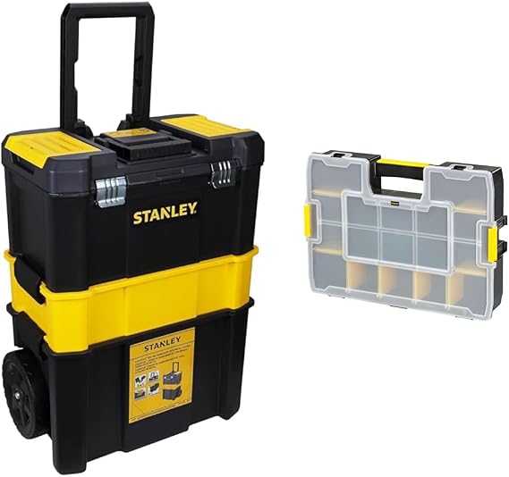 STANLEY Essential Rolling Workshop Toolbox, 3 Tier Stackable Units, STST1-80151 & Professional Organiser, Tool Box, Tool Organiser, Sort Master Seal Tight ‎STA194745
