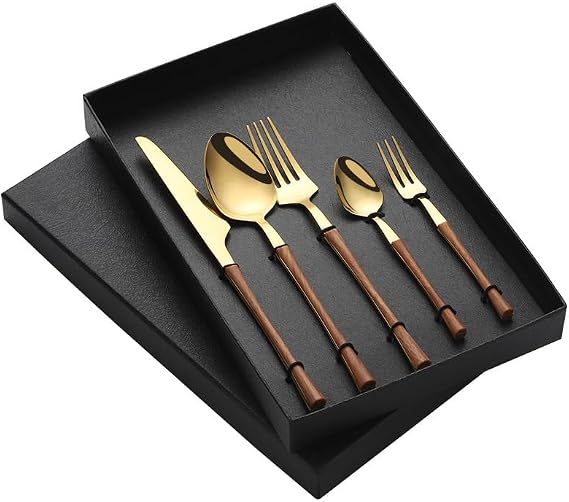 Flatware Silverware Set, 5/20/30/40pcs Imitation Wood Stainless Steel Cutlery Knife And Fork Hotel Household Steak Knife And Fork Spoon Gift Box, Tableware Cutlery Set(Brown gold,8Set)