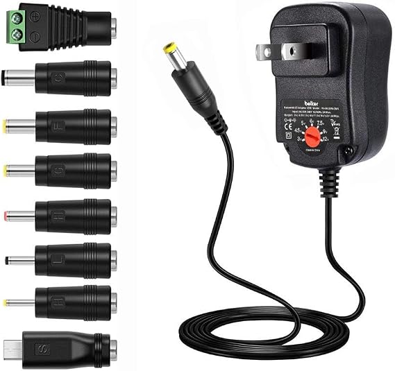 Belker 12W 3V 4.5V 5V 6V 7.5V 9V 12V Adjustable Voltage Universal AC/DC Adapter Power Supply for Household Electronics,Micro USB - 1A Max. [BN]