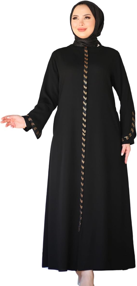 Modest Abaya For Women | Stone Detailed Zippered Long Sleeve Islamic Kaftan Maxi Size | Arabic Robe Prayer Clothing
