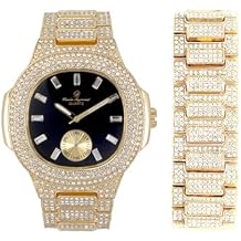 Charles Raymond Blinged Out Oblong Case Metal Mens Watch with Blinged Out Bracelet Set - 8475BM
