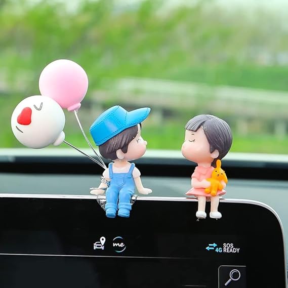Cute Couple Doll Ornaments, Small Cartoon Car Dashboard Figure Decorations, Lovely Kiss Couples Figurines Balloon Ornaments Gifts for Wedding, Valentine's Day, Birthday, Home Office Decor (Blue)