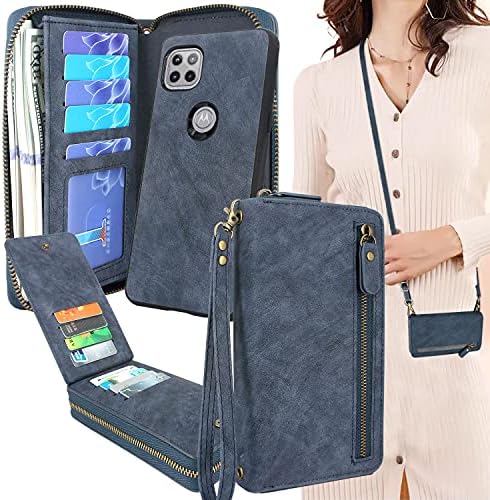 Lacass Crossbody Chain Dual Zipper Detachable Magnetic Leather Wallet Case Cover Card Slot Money Pocket Compatible with for Motorola Moto One 5G Ace 2021Blue