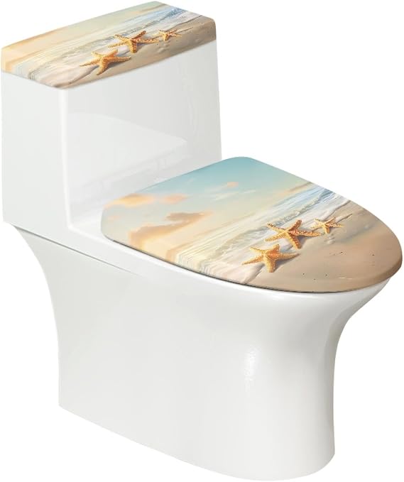 GLENLCWE Hawaiian Starfish on Beach Toilet Lid Seat Cover & Toilet Tank Lid Pads Universal Fit Standard Oblong Elongated Toilet Holiday Home Decoration Set of 2