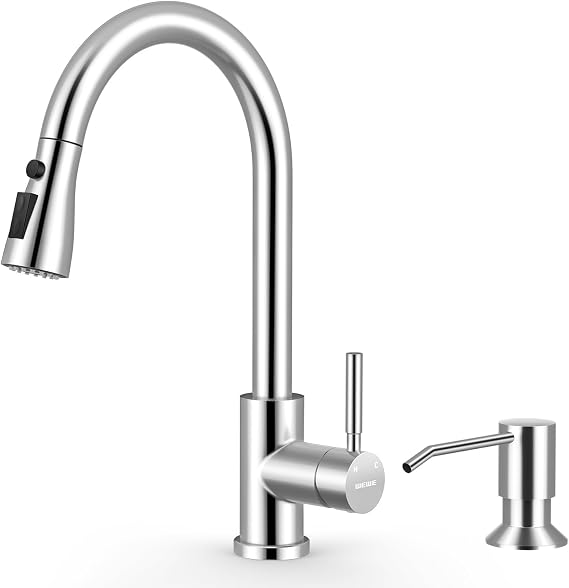 WEWE Pull-Down Kitchen Faucet with Soap Dispenser Set, Polished Chrome