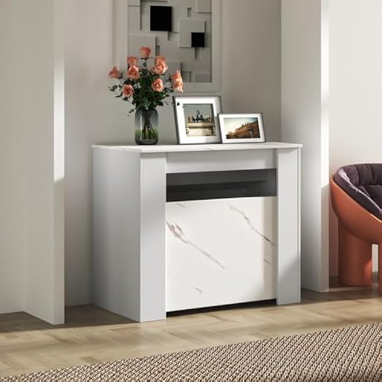 Modern 20-118 Extendable Dining Room Table for 2-14 People, White Faux Marble Console Transformer Kitchen Table with Wood Legs, Farmhouse Extendable Console for Entryway
