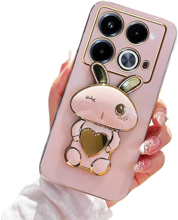 KUWAI Silicone Cover Compatible with Infinix Note 40 Case with Cute Cartoon Rabbit Stand Case for Infinix Note 40 Slim TPU Electroplated Anti-Fingerprint Women Girls Shell