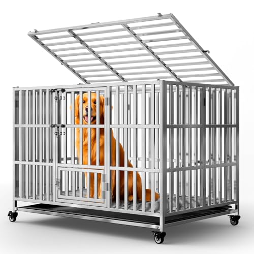 42 Heavy Duty Dog Crate, Escape Proof Stainless Steel Dog Kennel with Top Opening, 4 Lockable Wheels, Easy Clean Metal Dog Cage for LargeHigh Anxiety Dogs
