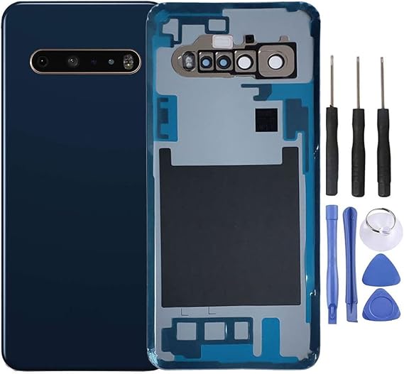 Battery Back Glass Rear Cover Housing Door Replacement for LG V60 ThinQ (All Models) with Camera Lens/Adhensive, Frame Tape (Blue)