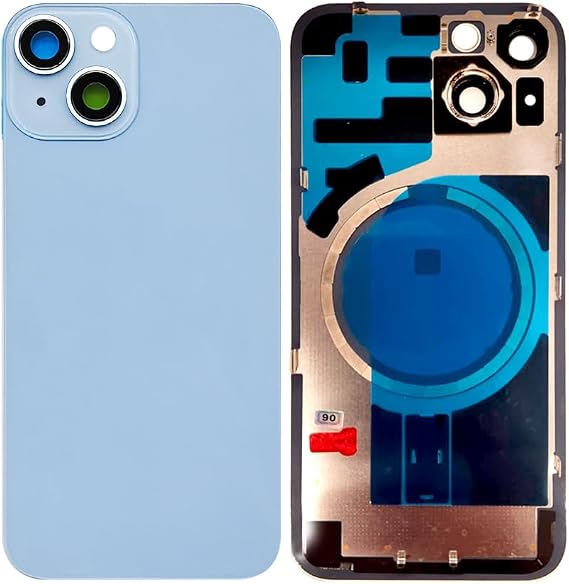 背面ガラス iPhone 14用交換用リアハウジングカバードアブルー | 2イン1品質の大きな穴交換用バックカバー、小さな金属プレート磁気部品付き、ロゴ付き完璧な修理、卸売価格