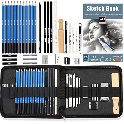 KALOUR 34 Sketching Pencil Set with Sketchbook - Zippered Travel Case - Sketch,Charcoal,Eraser - Art Drawing Supplies for Beginner, Kids,Adults