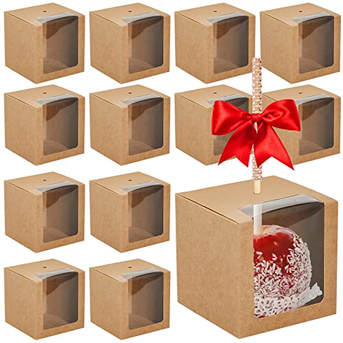 Juexica 100 Pcs Candy Apple Boxes with Hole 4 x 4 x 4 Inch Caramel Apple Container Treat Gift Boxes for Wedding Birthday Party Chocolates Cookies Cake Pops Brown