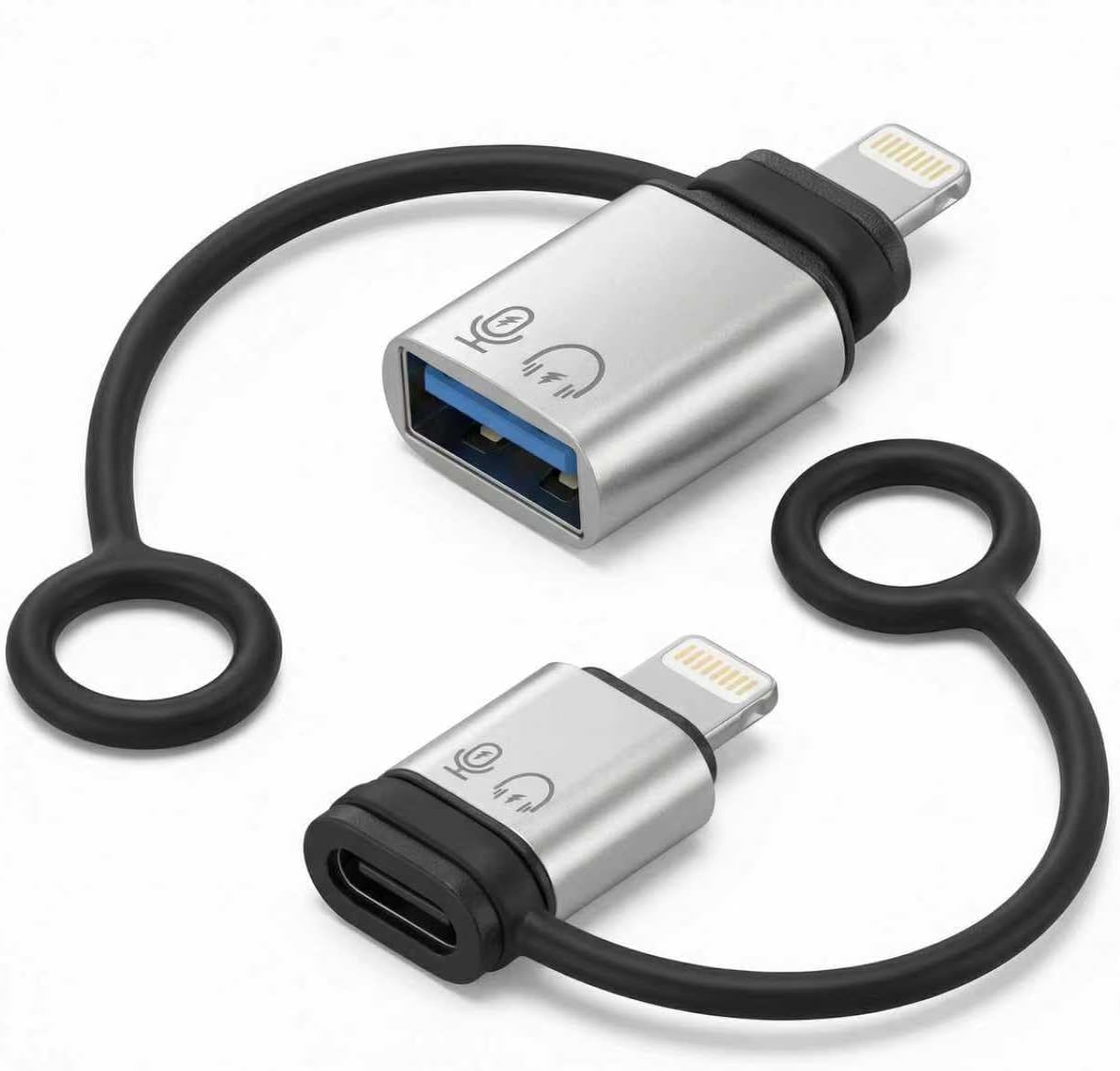 2-Pack Lightning OTG Adapter Silver, Lightning to USB A/C Female Converter, Compatible with iPhone/iPad, Supports USB Flash Drive, Keyboard, Mouse, Charging & Headphone, Plug and Play Portable