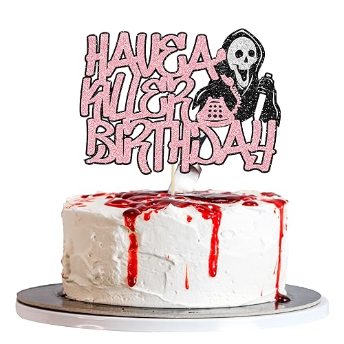 Gyufise 1Pcs Have a Killer Birthday Cake Topper Assembled Glitter Horror Classic Halloween Cake Pick for Bloody Horror Theme Birthday Halloween Party Cake Decorations Supplies Pink