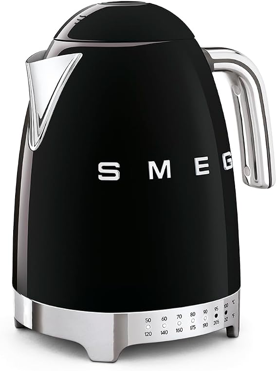 SMEG Variable Temperature Electric Kettle 1.7L (7 Cup), Stainless Steel Tea & Coffee Kettle, Fast Boil, Adjustable Temp 122F212F, Keep Warm, Auto Shut-Off, 360 Base, Retro Style-Black