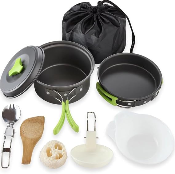 EatingBiting 10pcs Camping Cookware Mess Kit for Backpacking Gear Cooking Pots and Pans Set Backpacking Stove/Portable Stove Compatible Camp Kitchen Pot Utensils Camp Kitchen Equipment Accessories