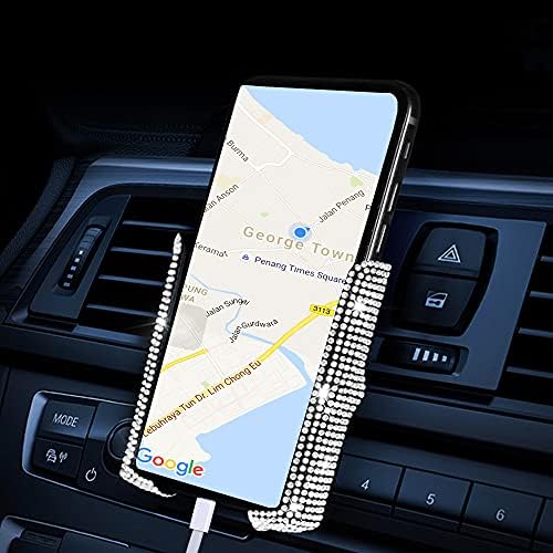 Bling Car Phone Mount, Mini Car Dash Air Vent Automatic Phone Holder Universal, 360Adjustable and Stable Triangle Support, Crystal Auto Car Stand Phone Holder Accessories for Women and Girls White