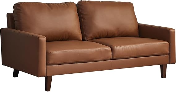 Hybition Faux Leather Sofa Mid-Century Modern Couch with Wooden Legs for Living Room, Office, Brown