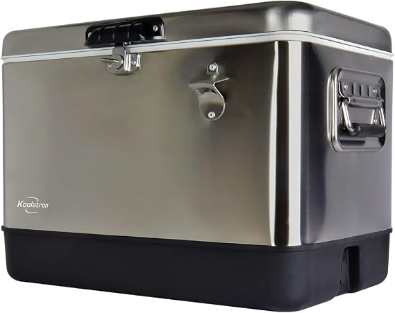 Koolatronステンレススチール アイスチェスト ドリンククーラー ボトルオープナー付き 51L54クォート 85缶容量 ポータブルクーラー シルバーとブラック キャンプ ビーチ RV BBQ テールゲート 釣り