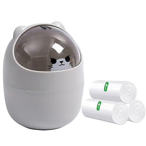 Mini Trash Can, Creative Tiny Countertop Garbage Bin with 3 Rolls of Bin Liners, Cute Desktop Wastebasket with Flip Lid, Cartoon Plastic Storage Bin for Bedroom, Bathroom, Kitchen, Office (Gray)
