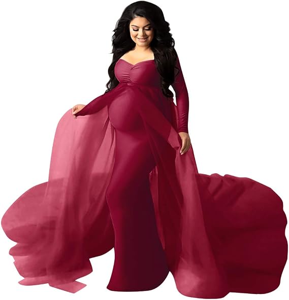 Women Off Shoulder Long Sleeve Maternity Dress Tulle Elegant Slim Fit Gown Baby Shower Photography Maxi Dress for Photo Shoot